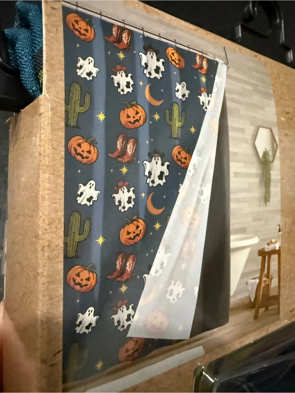 NEW Wrangler BLUE Fabric HALLOWEEN GHOST PUMPKIN CACTUS BOOT Shower Curtain Set